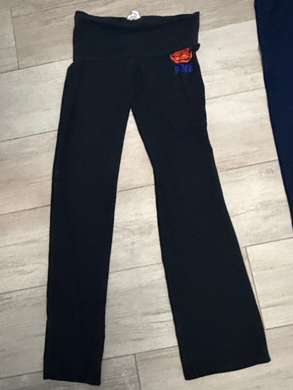 Victoria's Secret Black Fold-Over Waist Yoga Pants with Red & Blue Patch